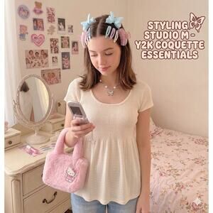 Studio M Cream babydoll top ribbed short sleeve size Large Y2K Vintage Peplum